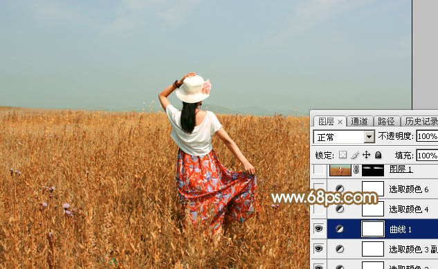 Photoshop给田野中的美女调制出流行的秋季青红色
