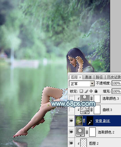 Photoshop将水边的美女调制出淡淡的青绿蜜糖色