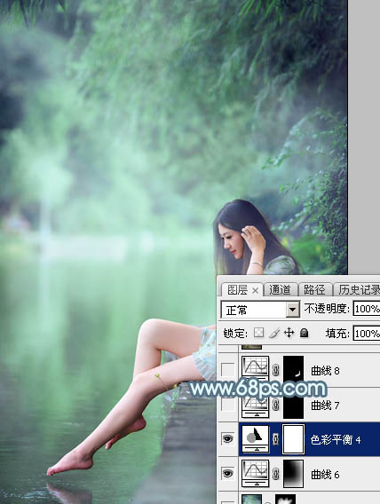 Photoshop将水边的美女调制出淡淡的青绿蜜糖色