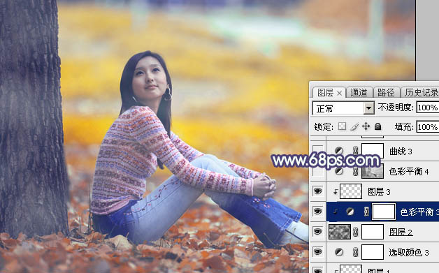 Photoshop给大树下的美女加上甜美的橙黄秋季色