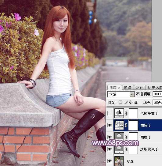 Photoshop调出甜美的秋季蓝紫色外景美女图片