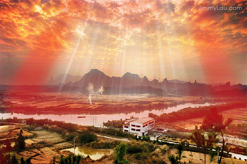 Photoshop为山水图片制作模拟耶稣光(云间透射出来的光束)