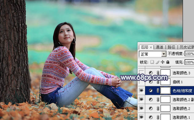 Photoshop打造甜美的青红色秋季外景美女图片