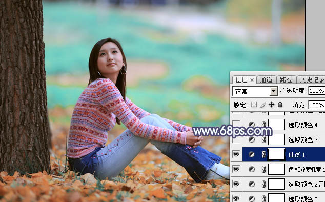 Photoshop打造甜美的青红色秋季外景美女图片