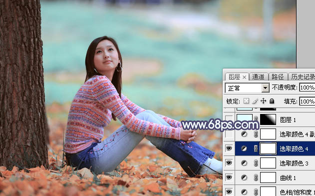 Photoshop打造甜美的青红色秋季外景美女图片