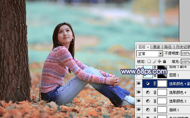 Photoshop打造甜美的青红色秋季外景美女图片