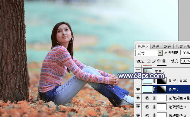 Photoshop打造甜美的青红色秋季外景美女图片