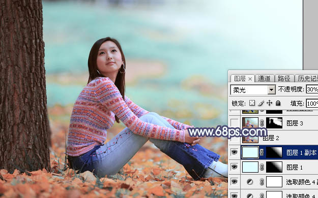 Photoshop打造甜美的青红色秋季外景美女图片