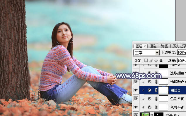 Photoshop打造甜美的青红色秋季外景美女图片