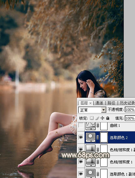 Photoshop为水边的美女图片加上暗调金秋色