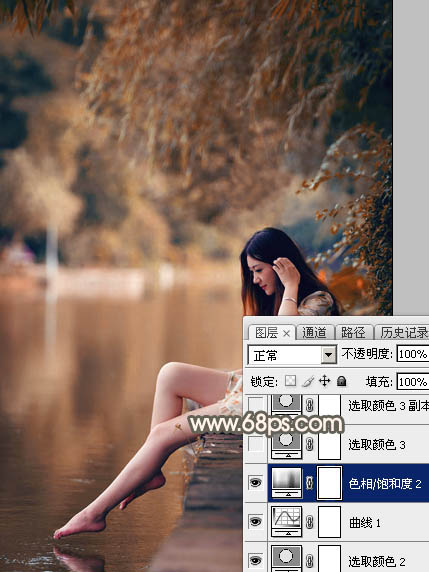 Photoshop为水边的美女图片加上暗调金秋色