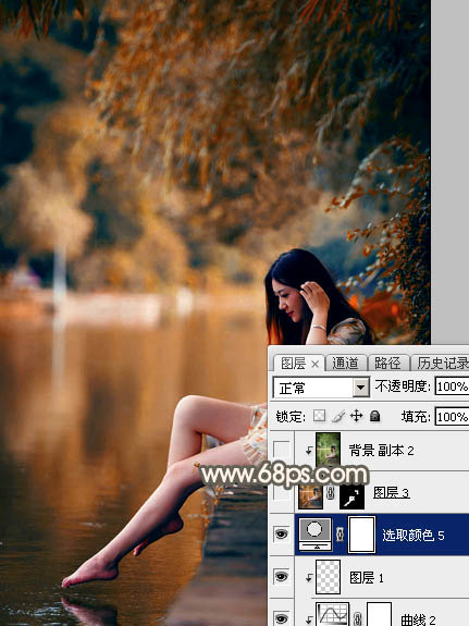 Photoshop为水边的美女图片加上暗调金秋色