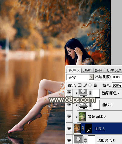 Photoshop为水边的美女图片加上暗调金秋色