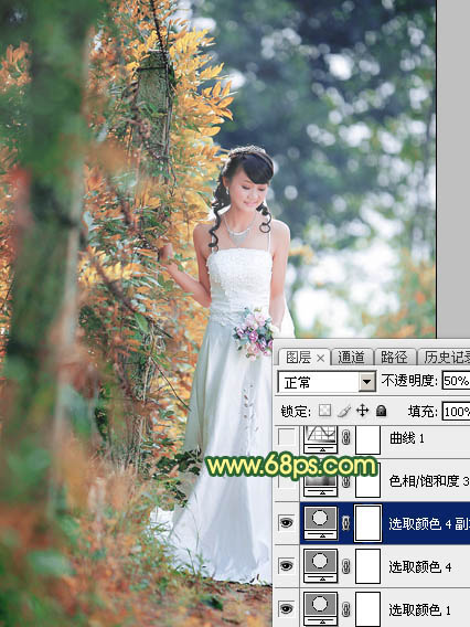 Photoshop调制出甜美的橙绿色树林婚片