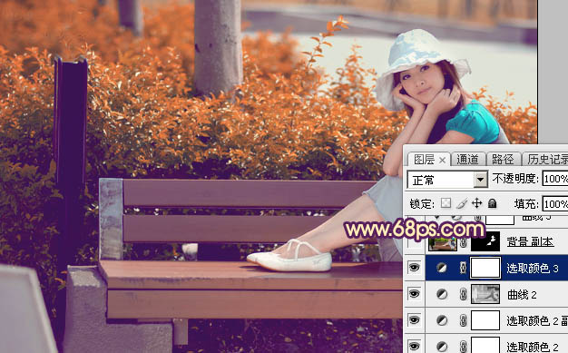 Photoshop为公园长凳上的美女加上唯美的深秋橙褐色