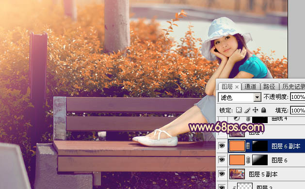 Photoshop为公园长凳上的美女加上唯美的深秋橙褐色
