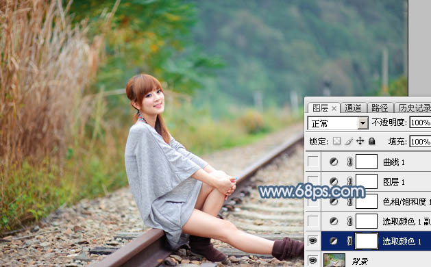 Photoshop为铁轨上的美女调制出梦幻的淡蓝色