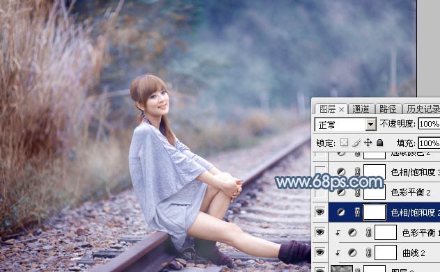 Photoshop为铁轨上的美女调制出梦幻的淡蓝色