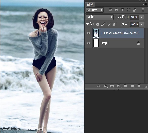 Photoshop给海边美女腿部添加豹纹图案教程