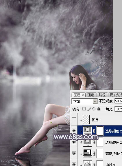 Photoshop将湖景美女图片打造出个性的中性暗蓝色