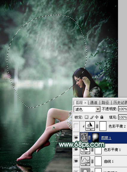 Photoshop为湖边的美女调制出童话中的梦幻青色调