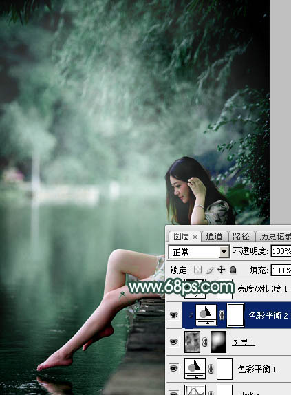 Photoshop为湖边的美女调制出童话中的梦幻青色调