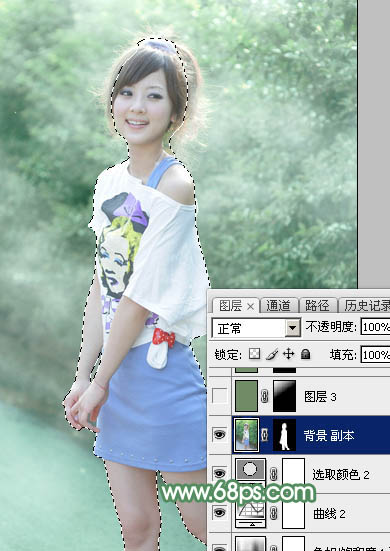 Photoshop将外景美女图片打造唯美的夏季青绿色