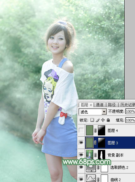 Photoshop将外景美女图片打造唯美的夏季青绿色