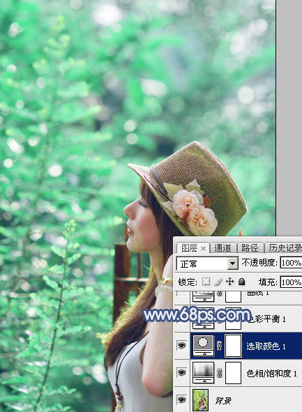 Photoshop将树景美女图片打造唯美的小清新的淡调青绿色