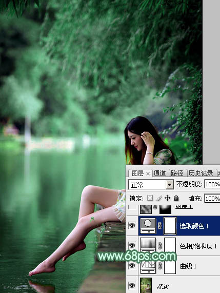 Photoshop将较暗的黄绿色湖景美女图片打造梦幻的青绿色