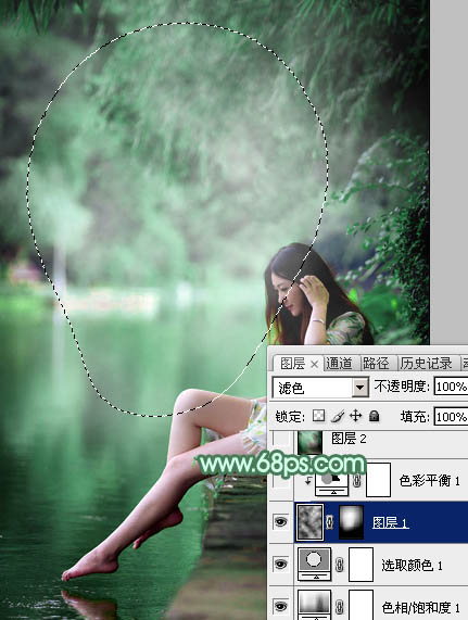 Photoshop将较暗的黄绿色湖景美女图片打造梦幻的青绿色