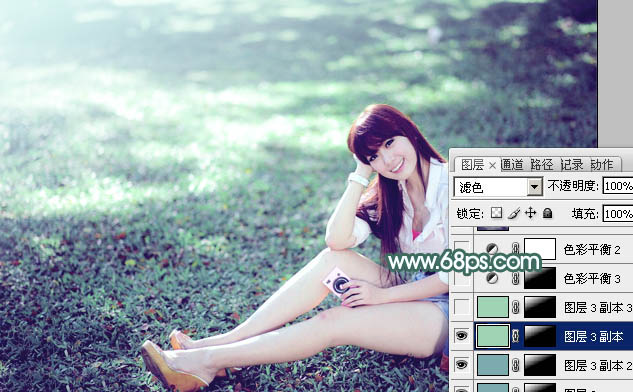 Photoshop打造唯美的青色草地美女图片