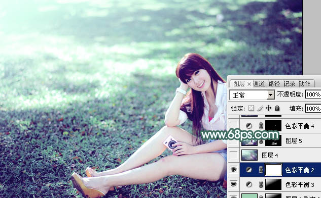 Photoshop打造唯美的青色草地美女图片