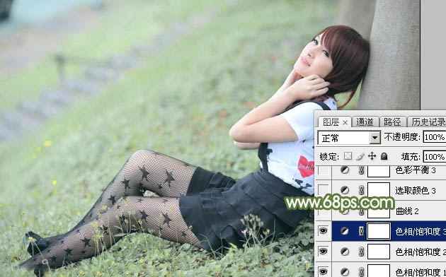 Photoshop给夏季草地上的美女加上唯美的韩系淡绿色