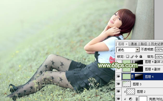 Photoshop给夏季草地上的美女加上唯美的韩系淡绿色