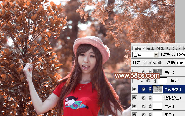 Photoshop打造唯美的橙红色树林人物图片