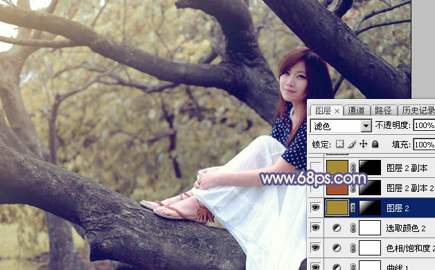 Photoshop为大树上的美女加上秋季晨曦蓝黄色效果