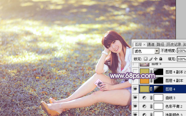 Photoshop为草地上的美女调制明快的秋季蓝黄色
