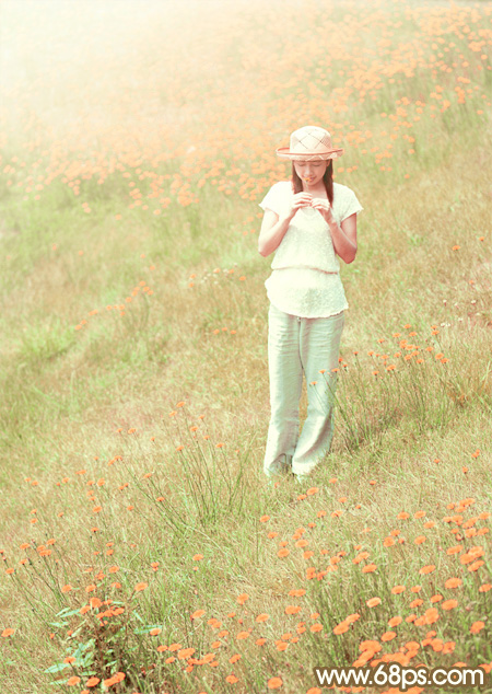 Photoshop调制出甜美的韩系粉红色野花中的美女图片