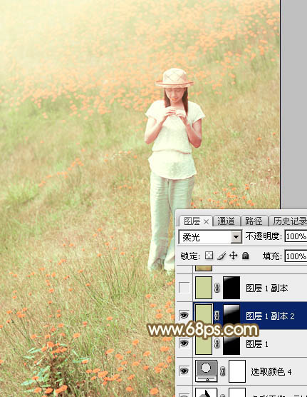 Photoshop调制出甜美的韩系粉红色野花中的美女图片