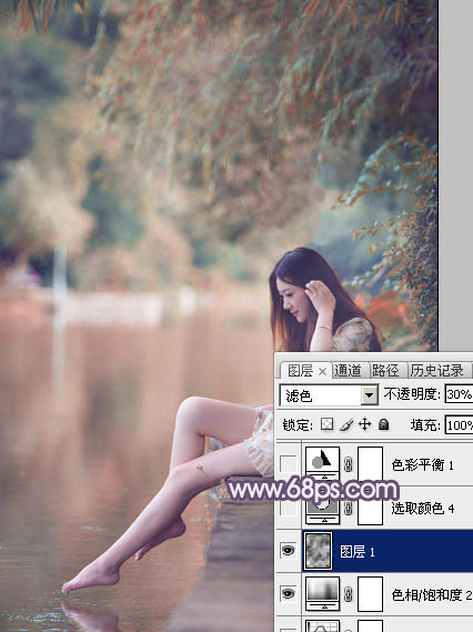 Photoshop将湖景美女图片打造出冷暖对比的冷调蓝紫色