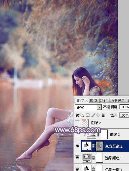 Photoshop将湖景美女图片打造出冷暖对比的冷调蓝紫色