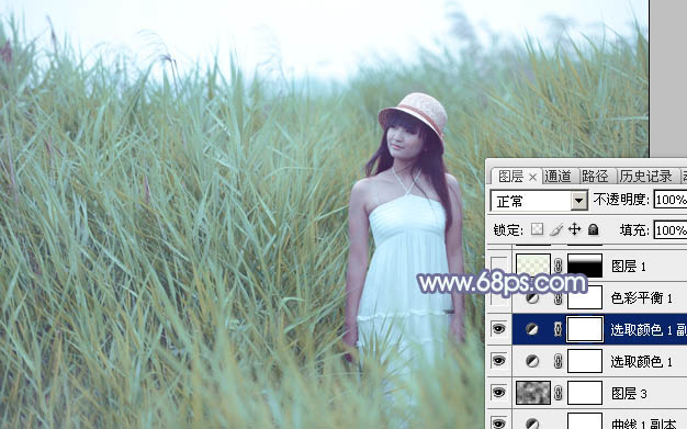 Photoshop将芦草中的美女图片打造唯美的粉调青蓝色