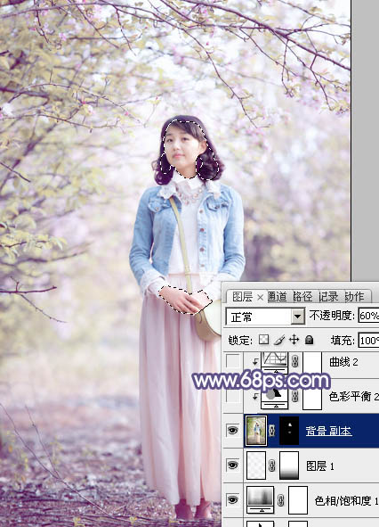 Photoshop为春季花木下的美女加上梦幻的粉紫色