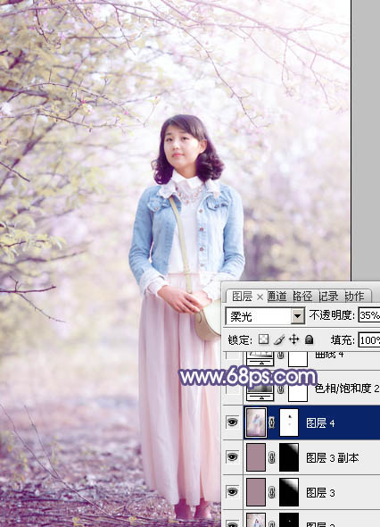 Photoshop为春季花木下的美女加上梦幻的粉紫色