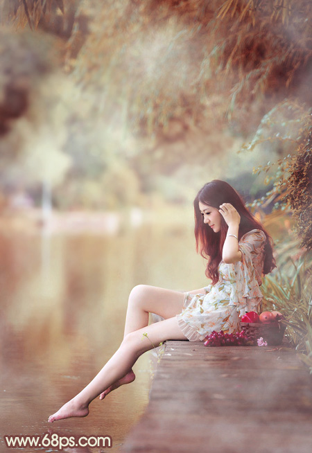 Photoshop为溪边的美女调制出漂亮的淡调红褐色
