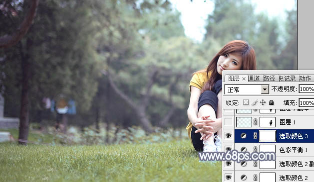 Photoshop为草地上的美女加上柔美的淡调青黄色