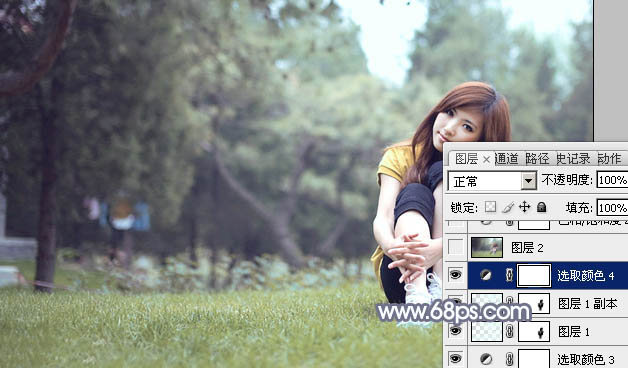 Photoshop为草地上的美女加上柔美的淡调青黄色
