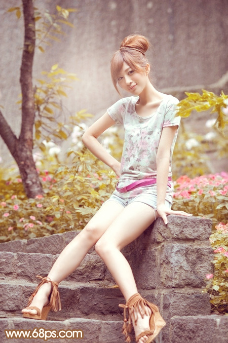 Photoshop为坐石阶上的美女加上柔和的粉褐色