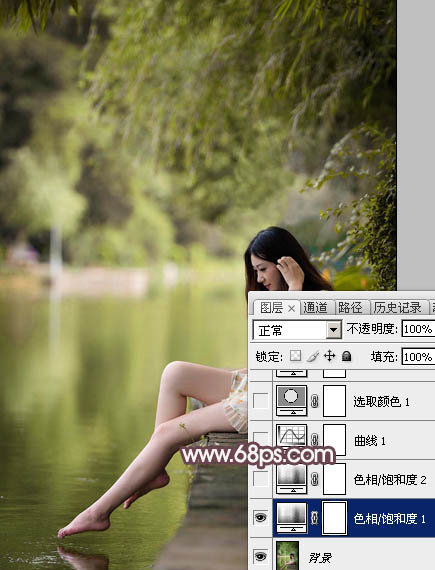 Photoshop为湖边的美女加上淡淡的粉褐色